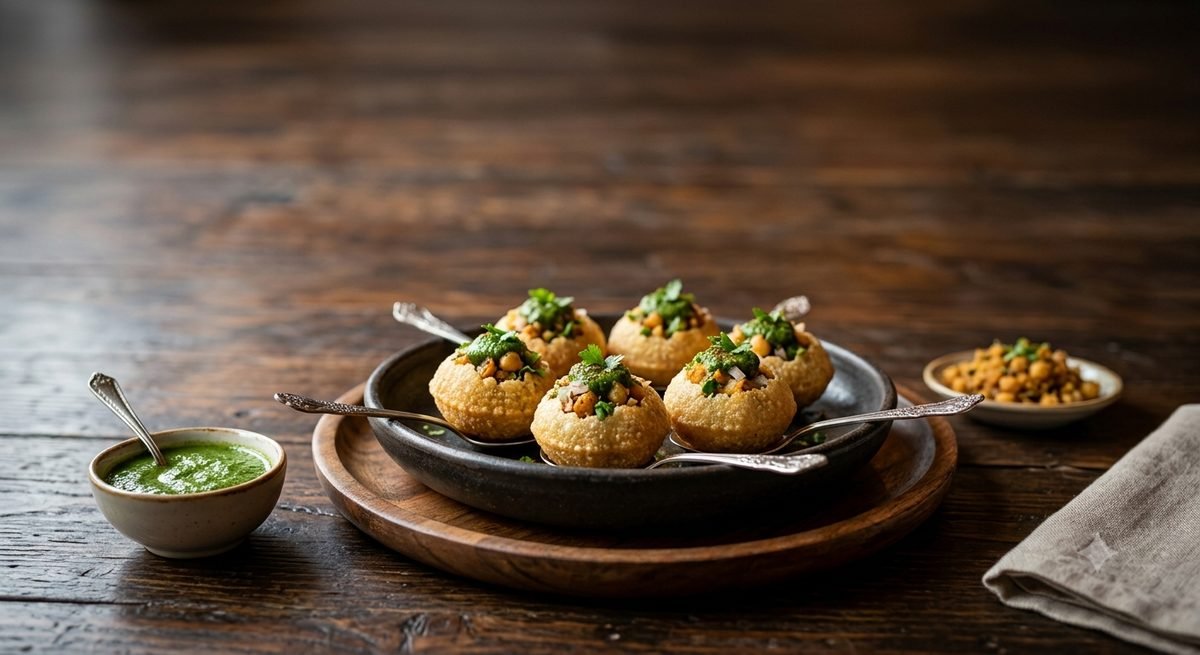 Gol gappe with spiced potato and tamarind water